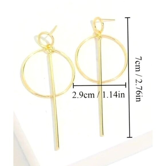 Gold Geometric Dangle‎ Earrings With Circle & Bar Design NEW - Picture 3 of 3